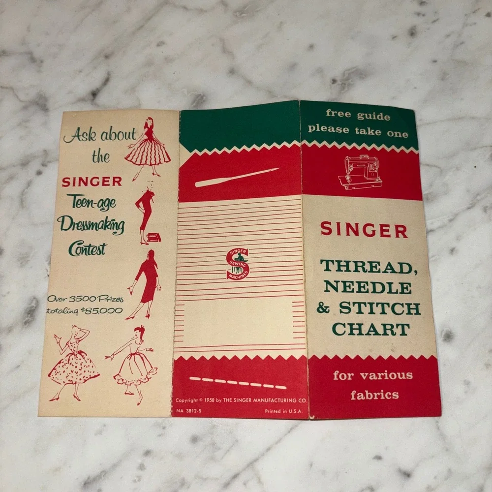 Vintage 1958 Singer Sewing Machine Thread Needle & Stitch Chart Reference Guide